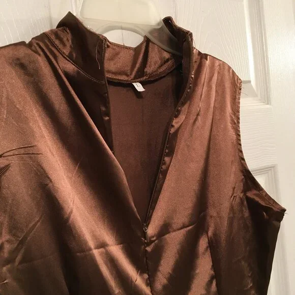 Women's Brown Satiny Mock Neck Maxi Dress - Picture 5 of 6